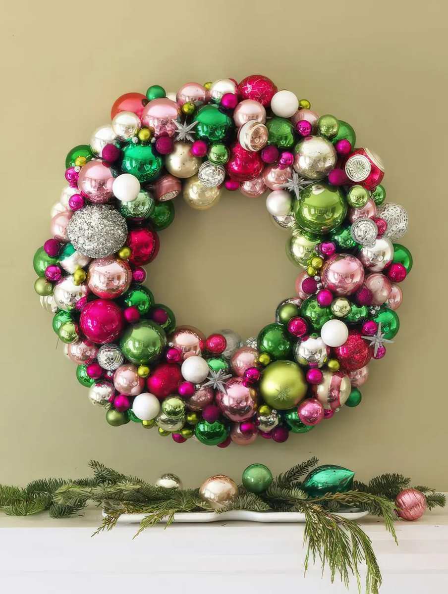 All-red christmas ornament wreath featuring velvet ribbon and mixed matte glossy ornaments on a white front door.