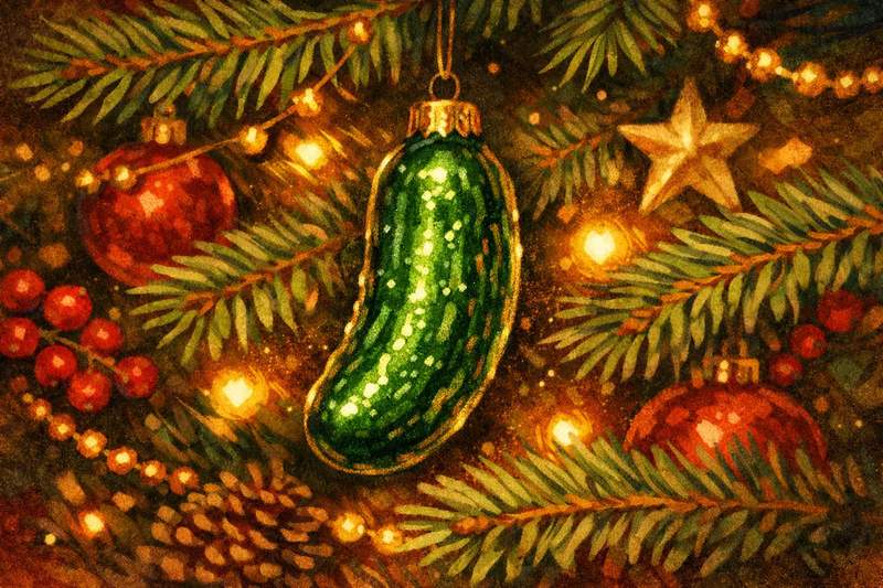 Porch or room corner, large metal lantern, pine needles, glass pickle, battery-operated candles.