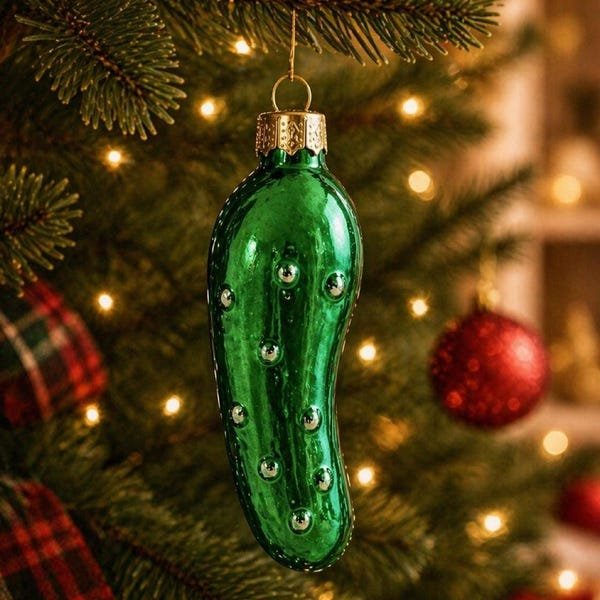 A modern floating shelf styled with colorful ornaments and a bright green pickle ornament.