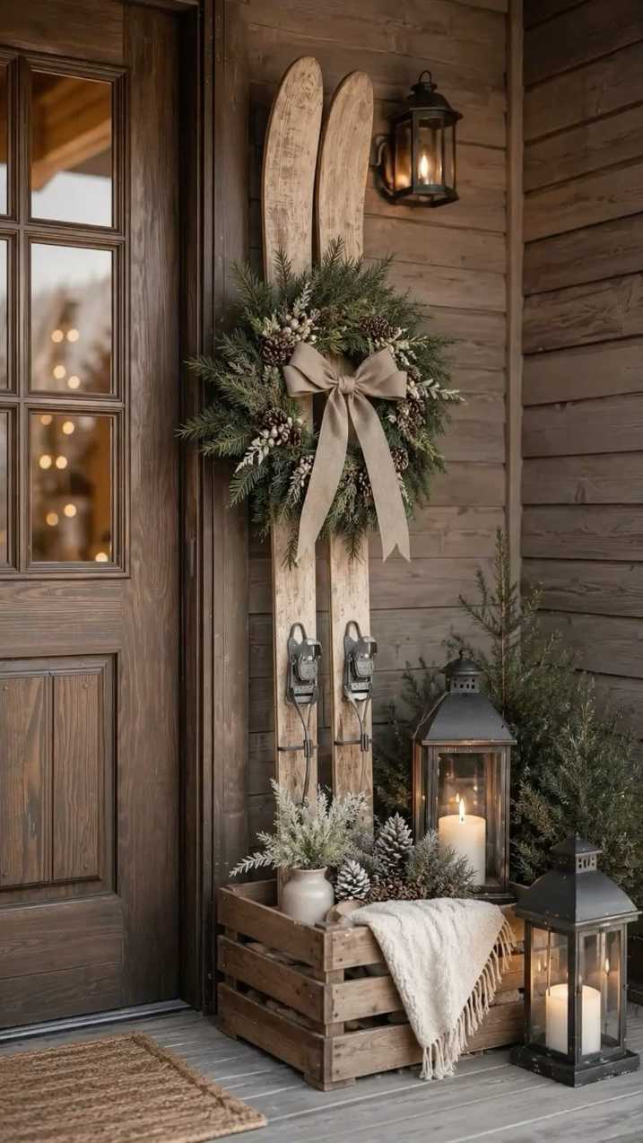 Holiday front porch featuring red plaid sofa, vintage wooden skis, and twinkling LED lights