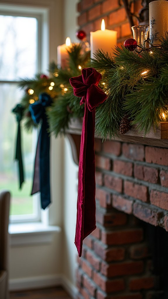 Dining pendant light wrapped in red and green tartan plaid ribbon, warm glowing bulb.