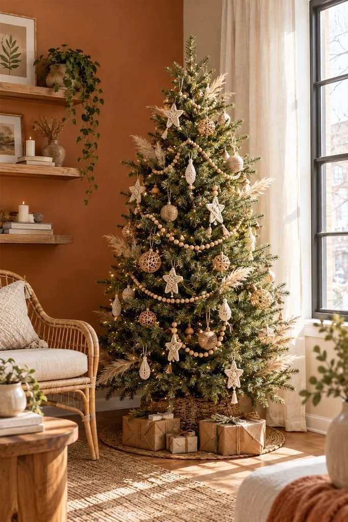 Boho living room, natural wood tree, wood bead garland, macramé star ornaments, woven rug