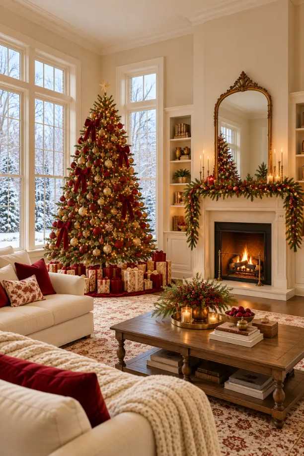 Living room beside lit fireplace, classic Christmas tree, red and gold ornaments, cozy armchair