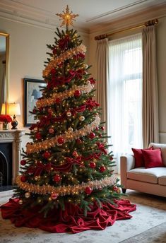 Classic living room, Christmas tree wrapped in gold tinsel, red ribbon, polished coffee table