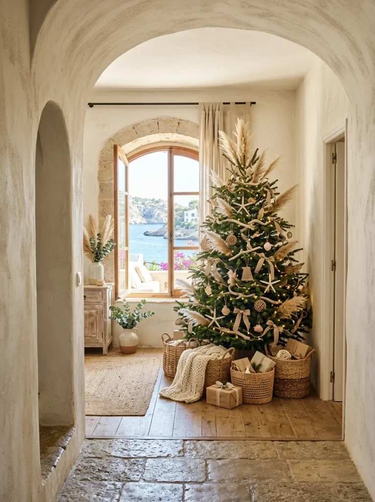 Ocean‑view living room, Christmas tree with pampas grass, starfish ornaments, breezy curtains