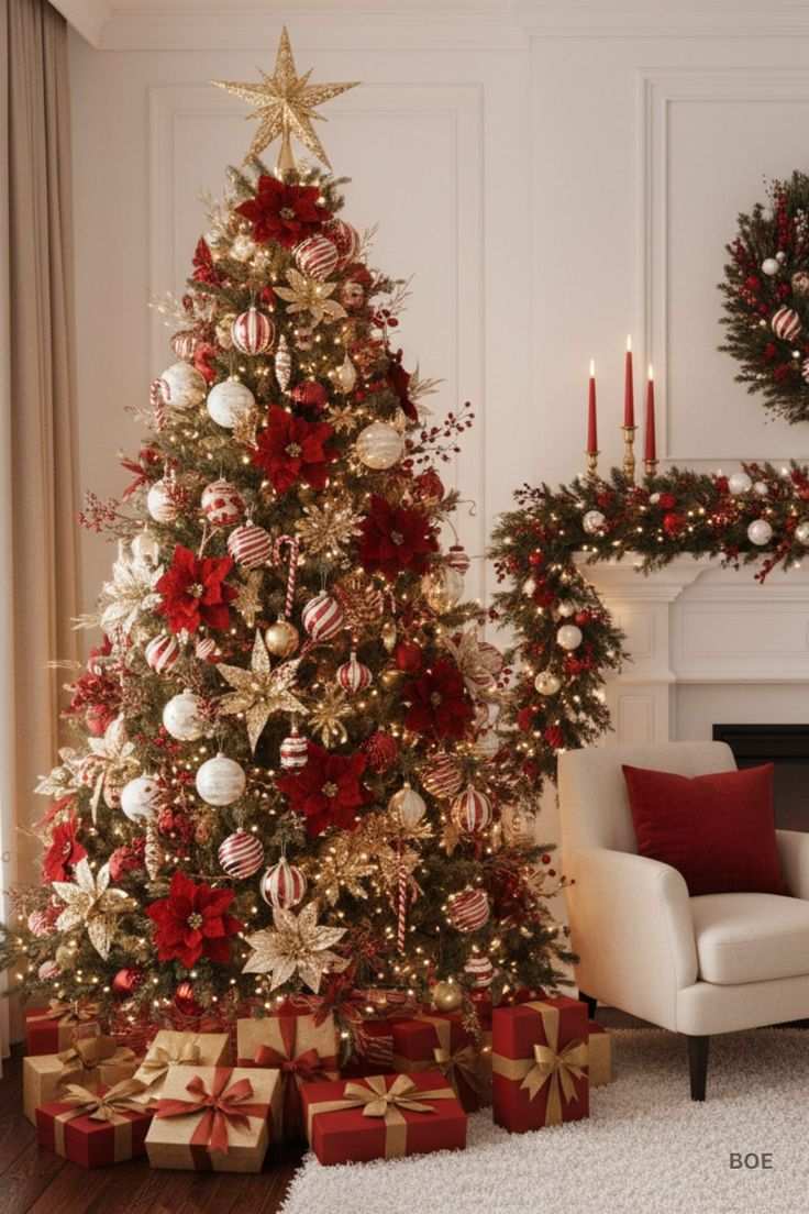 Elegant living room, Christmas tree with gold and red poinsettias, striped baubles, marble fireplace