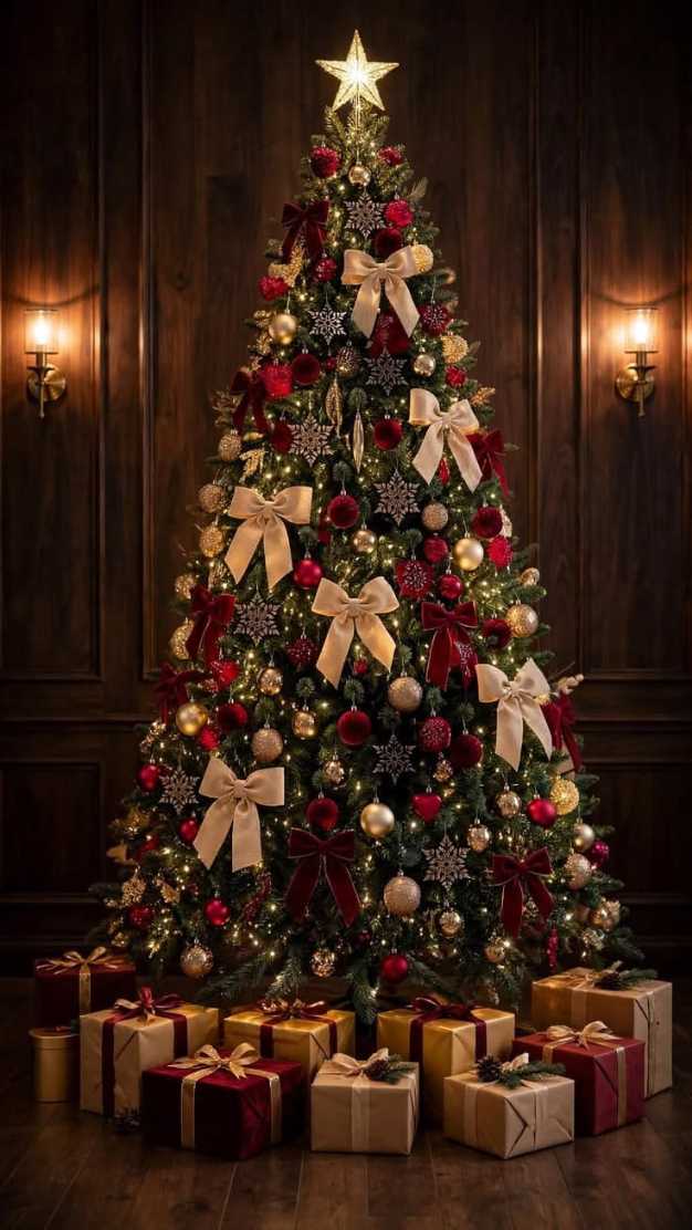 Luxury living room, Christmas tree with large champagne bows, deep red accents, crystal chandelier