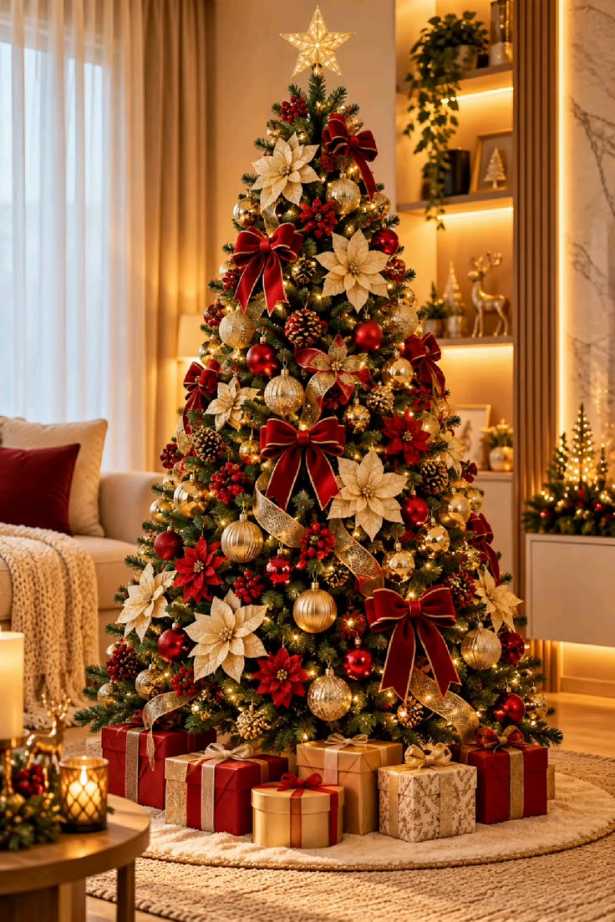 Elegant living room, Christmas tree with large poinsettias, gold ribbon, star topper, glass coffee table