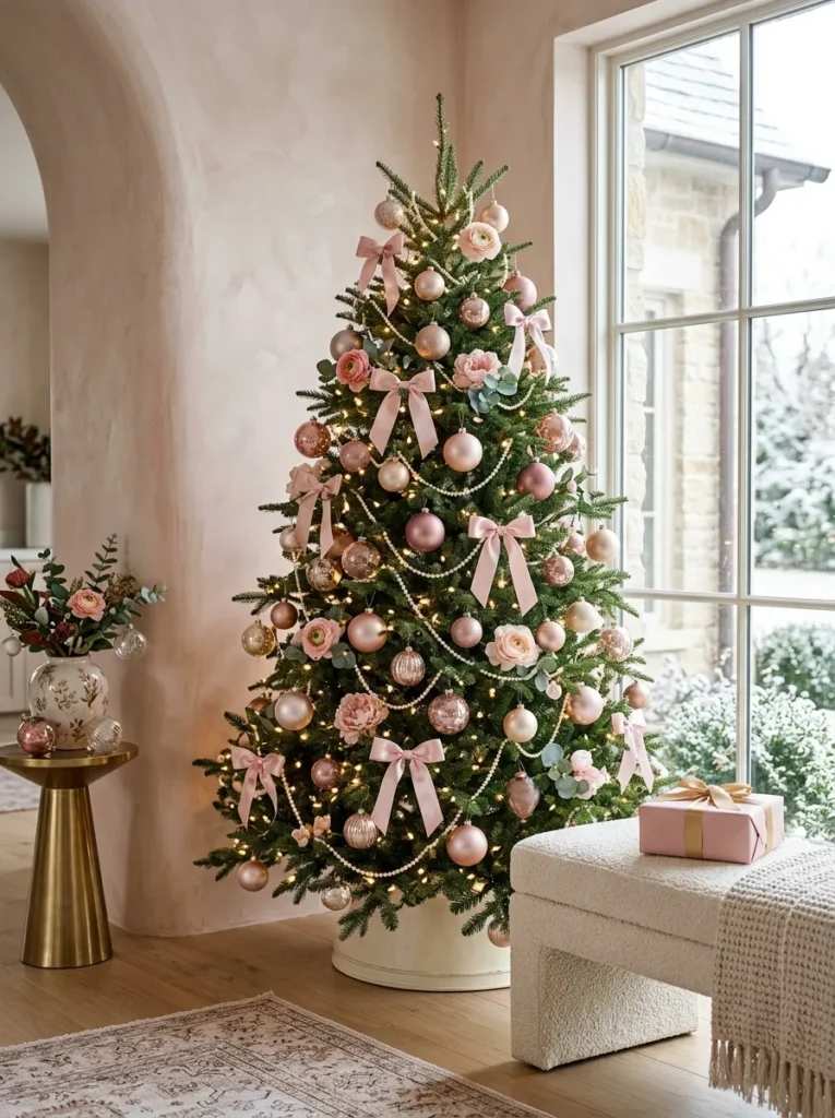 Chic bedroom, Christmas tree with pink roses, pearl garland, pink bows, soft lighting