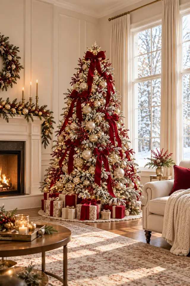 Cozy living room, flocked Christmas tree, red velvet bows, berry ornaments, plush rug