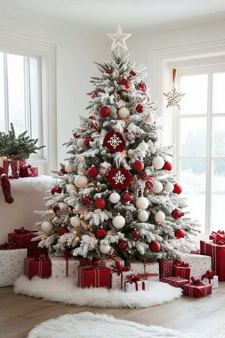 Living room, heavily flocked Christmas tree, large red ornaments, gold star topper, cozy fireplace