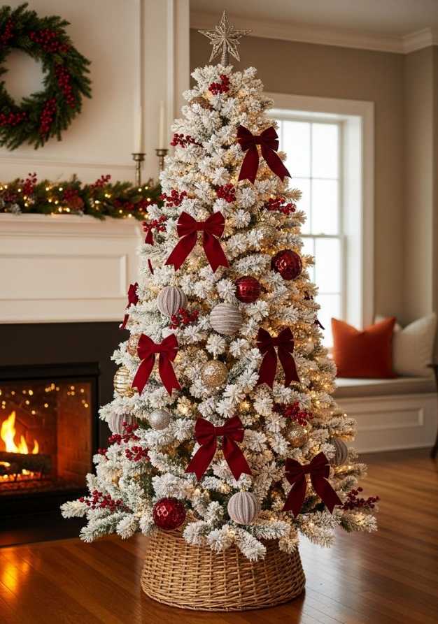 Living room, heavily flocked Christmas tree, deep red bows, frosted glass ornaments, soft lighting