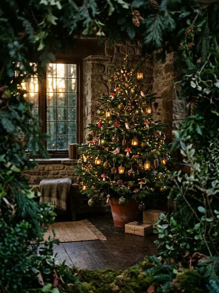Cozy living room, Christmas tree with glowing lanterns, pinecones, natural wood accents, soft lighting