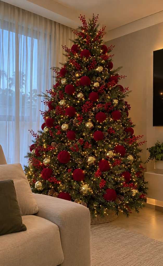 Bright living room, massive Christmas tree, red velvet baubles, large windows, contemporary furniture