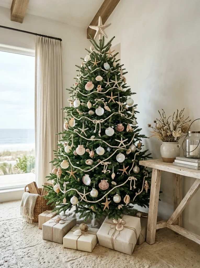 Coastal living room, Christmas tree with seashells, starfish, rope garland, oceanic color palette