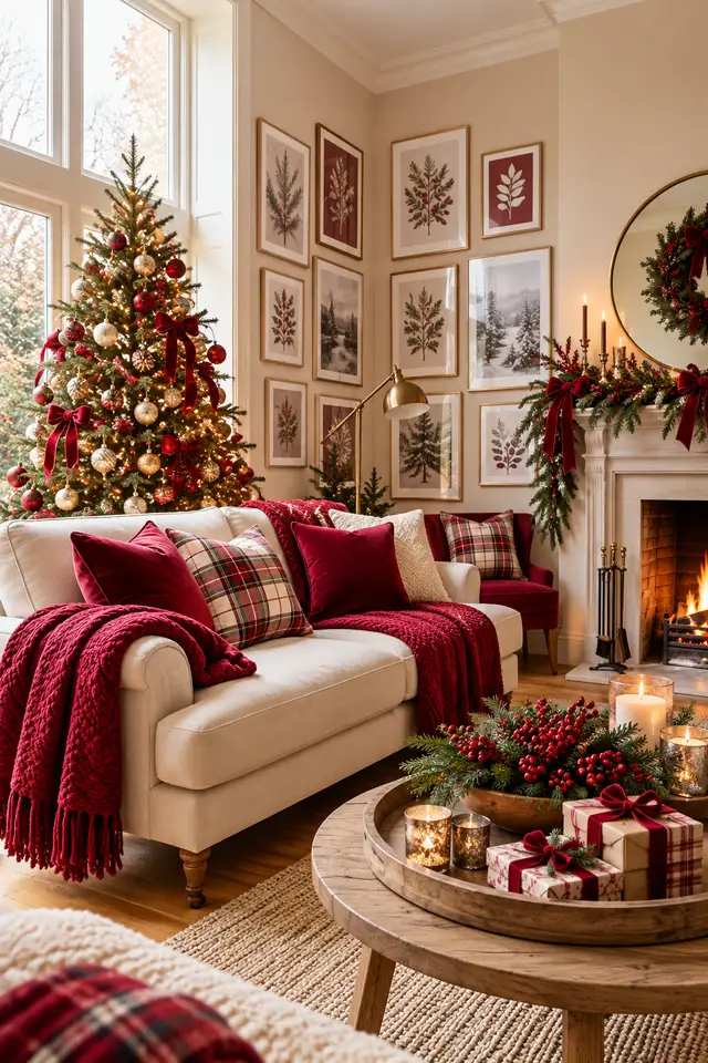 Bright living room, white couch with red velvet throw, lit Christmas tree, soft lighting