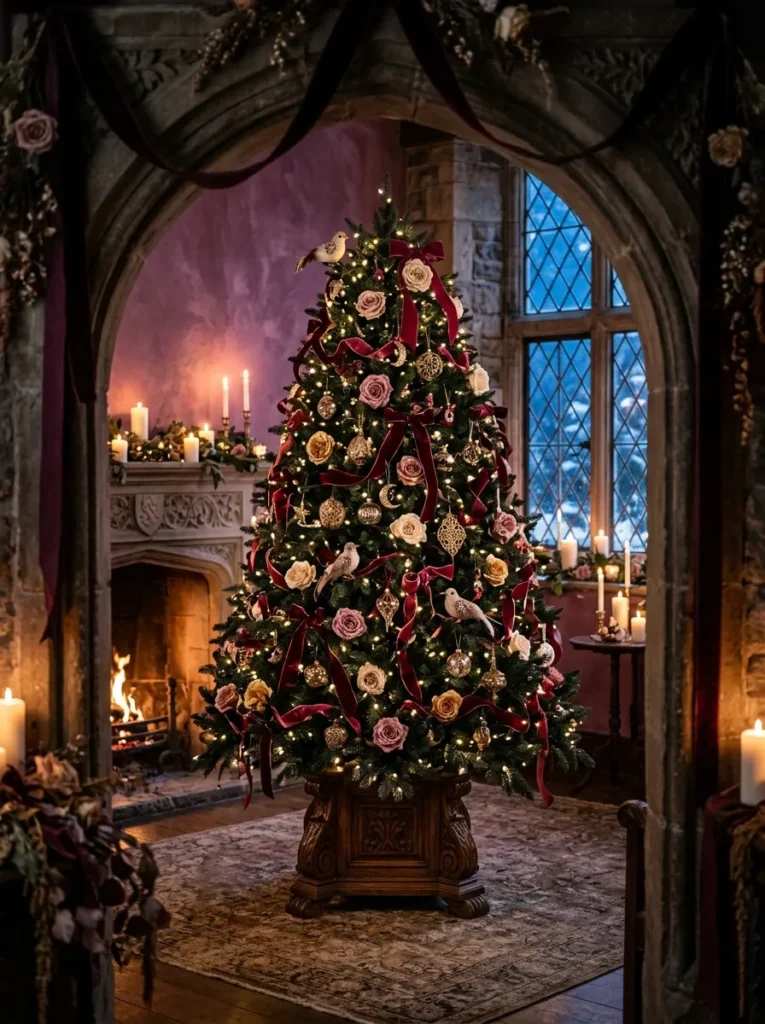 Intimate bedroom, Christmas tree with pink roses, burgundy velvet ribbon, soft lighting