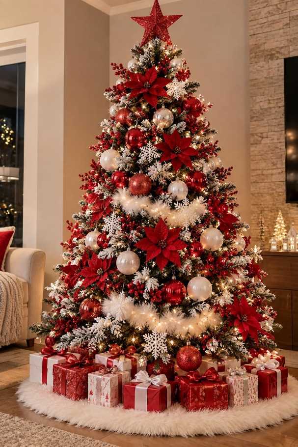 Living room, Christmas tree with red poinsettias, white ornaments, fluffy white garland, soft lighting
