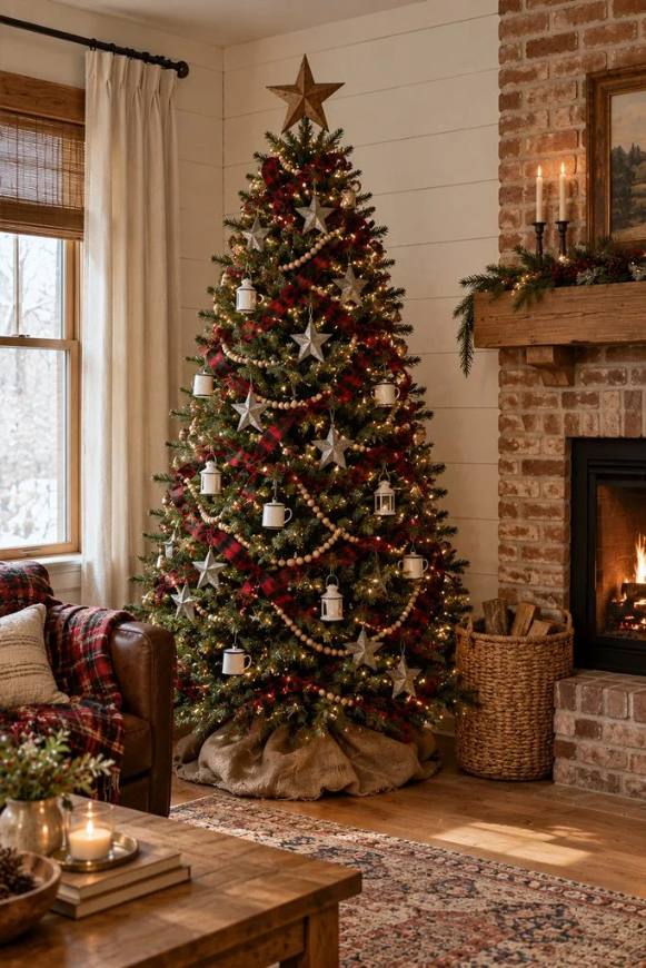 Boho living room, Christmas tree with wood bead garland, macramé stars, woven furniture, natural light