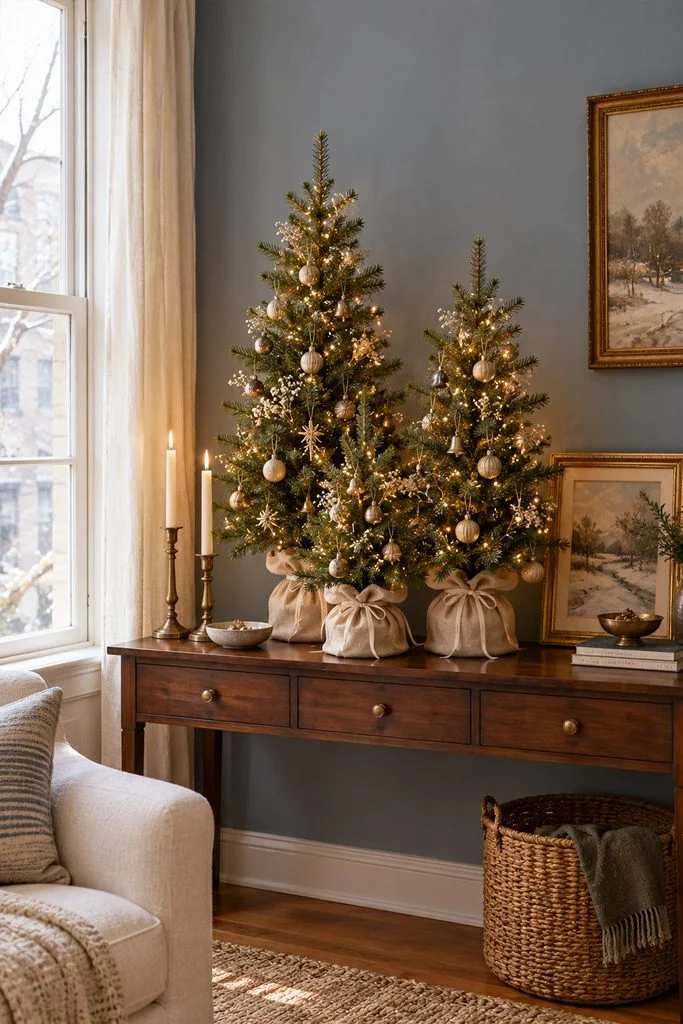 Rustic hallway, two mini Christmas trees in burlap sacks, wooden console, soft lighting