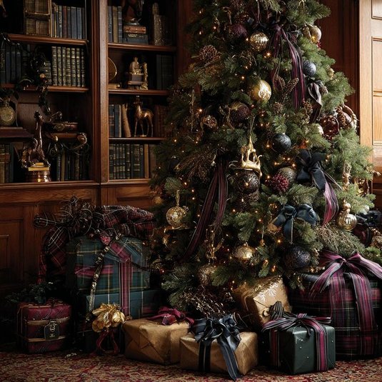Living room Christmas tree with red tartan skirt, gold star topper, crystal ornaments, soft ambient lighting.