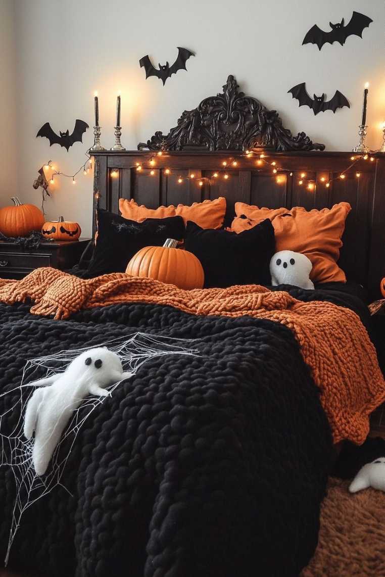 Bedroom with chunky black knit blanket, spiderweb wall art, and bat accents.