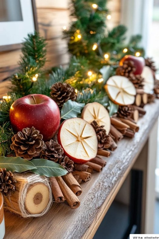 Rustic garland with cinnamon sticks, dried apple slices, and burlap ribbon.