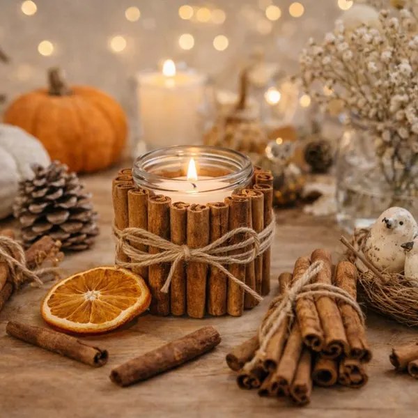 Autumn kitchen island, cinnamon jar candle, orange slices, mini pumpkins, natural daylight