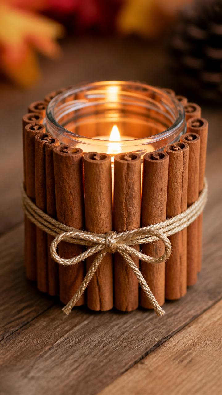 Close view of cinnamon stick jar candle, glass jar, wooden coffee table, warm amber glow
