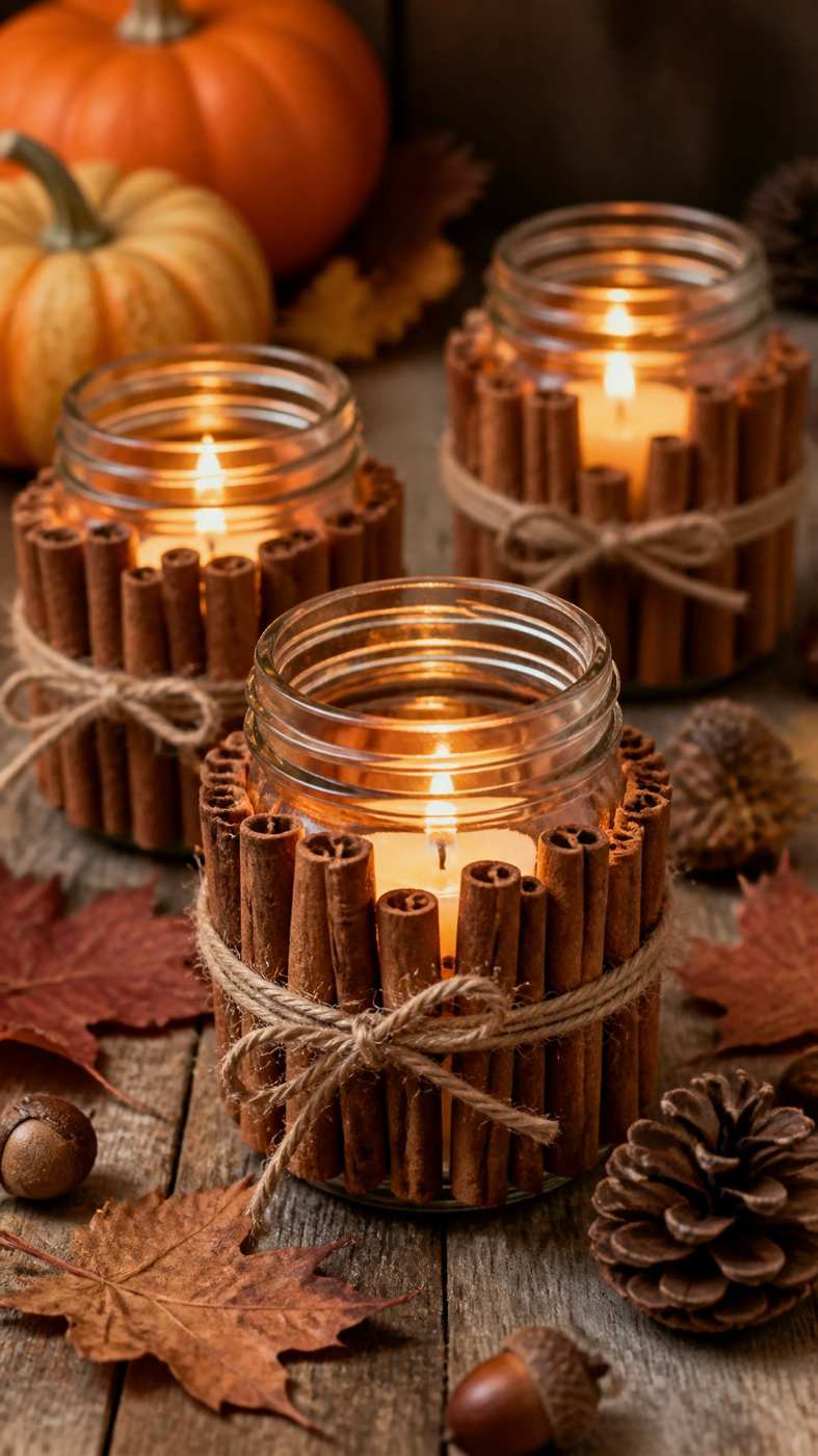 Rustic mantel, cinnamon jar candles, assorted pumpkins, burlap runner, warm candlelight