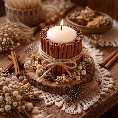 Vintage side table, cinnamon stick pillar candle, lace doily, antique lamp, soft warm light