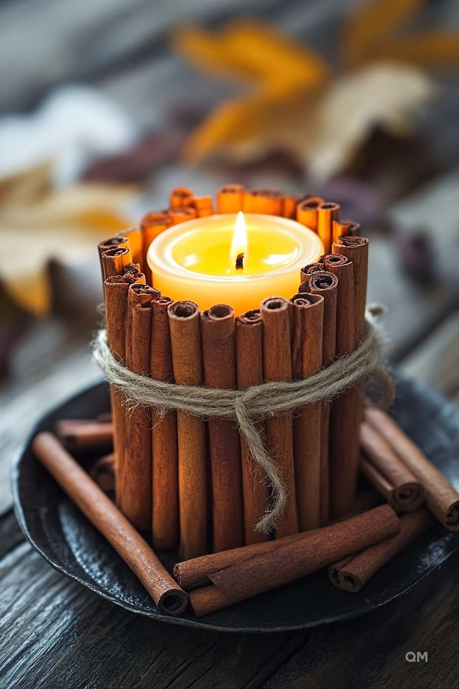 Modern living room, cinnamon pillar candle, white ceramic plate, low‑profile sofa, warm lighting