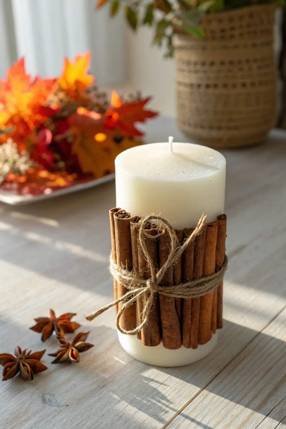 Farmhouse dining room, cinnamon pillar candle, star anise, reclaimed wood table, soft amber glow