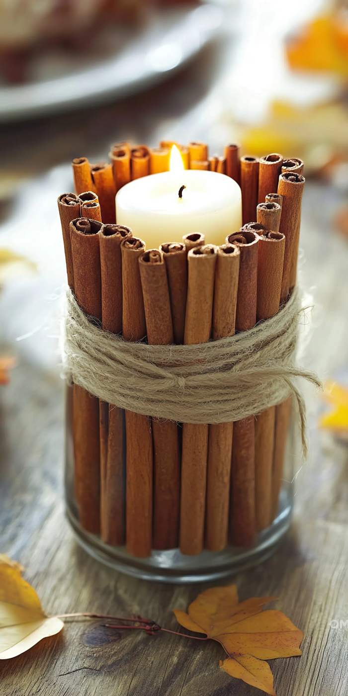 Cozy bedroom nightstand, twine‑wrapped candle, cinnamon stick, soft linen bedding, warm bedside lamp