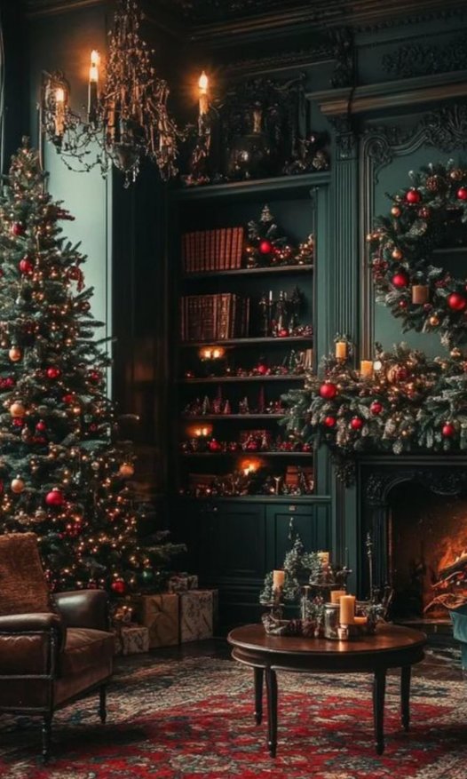 Family room with plush rug, candle cluster, evergreen wreath, warm incandescent lighting.