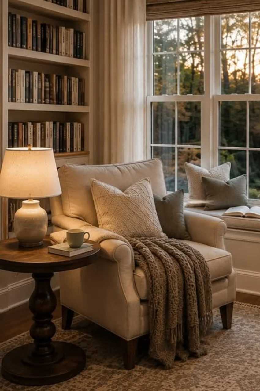 Ivory tufted armchair, window seat with light linen cushions, pastel curtains, brass floor lamp.