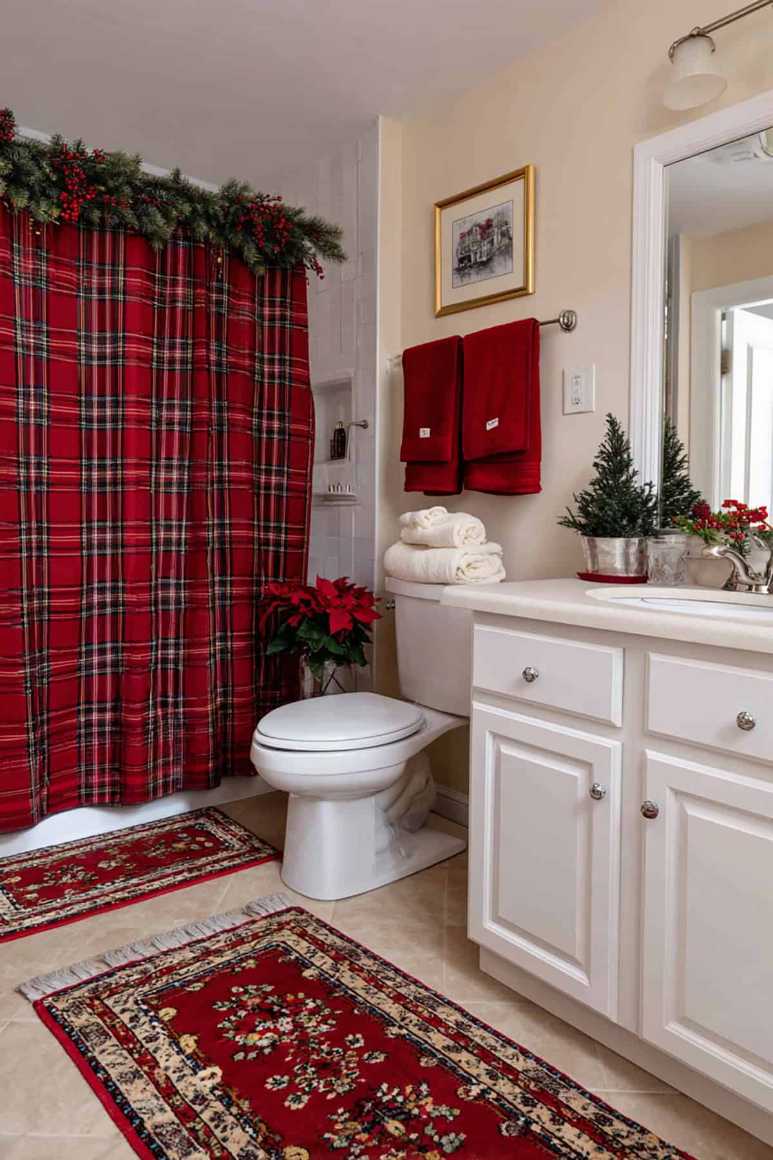 Red towels, white bathroom, classic holiday style, warm lighting