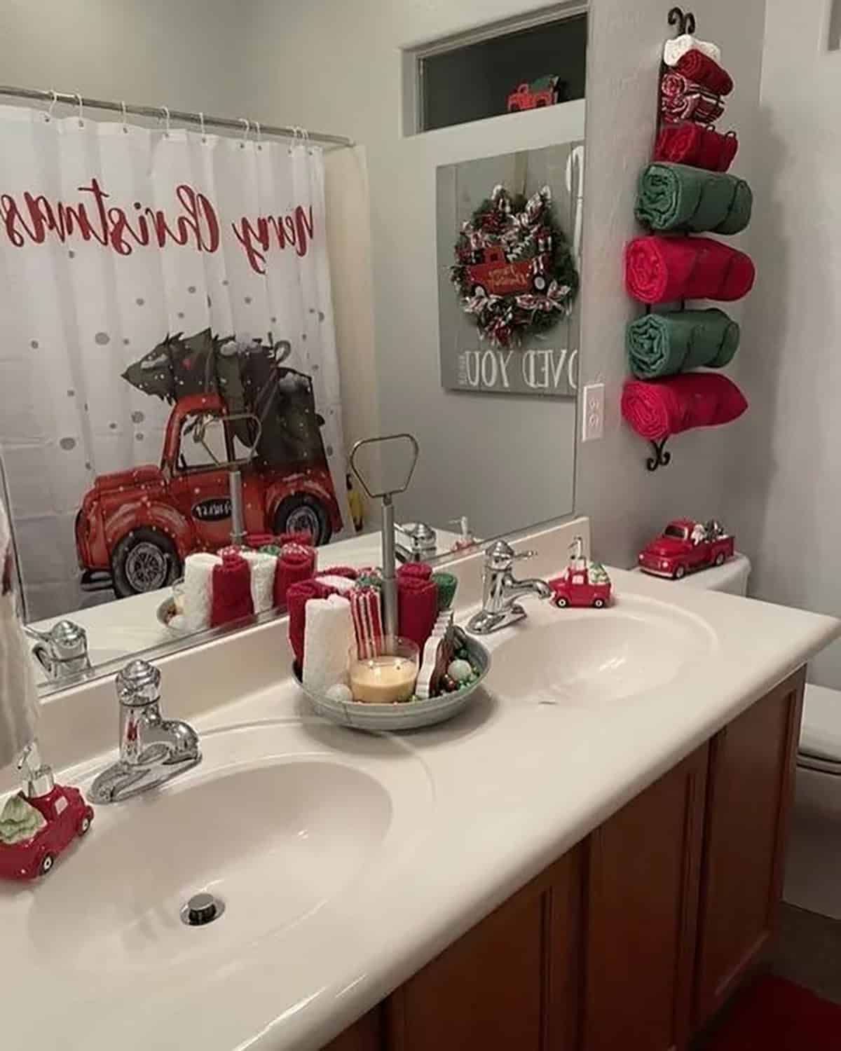 Toy truck decor, white bathroom, playful holiday accent, red color