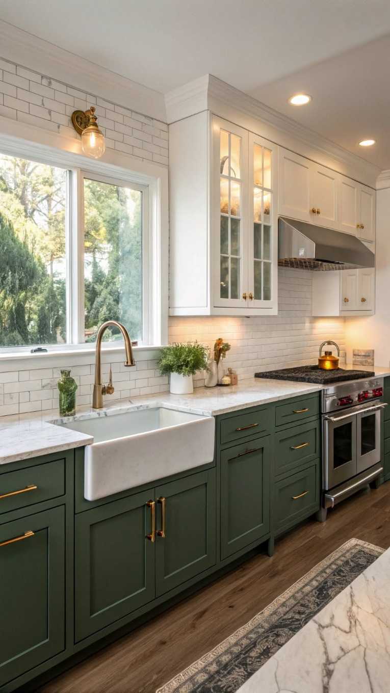 Kitchen with green base cabinets, white glass upper cabinets, crisp lighting, sleek hardware.