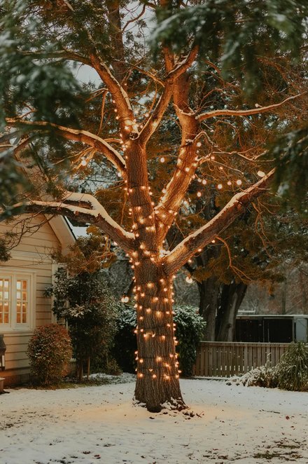 Stately oak trees tightly wrapped with classic warm white string lights, stone patio backdrop.