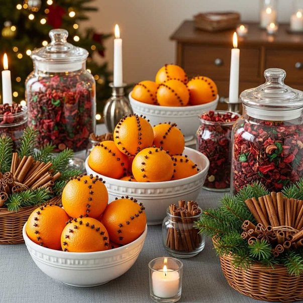 Dining table set with linen runners, whole clove oranges, brass candlesticks, and warm candelight
