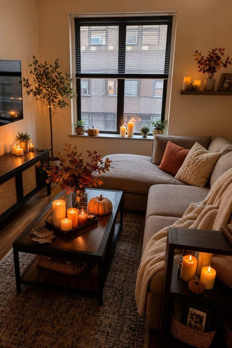 Cluster of three pillar candles on wooden side table soft glowing light dark corner