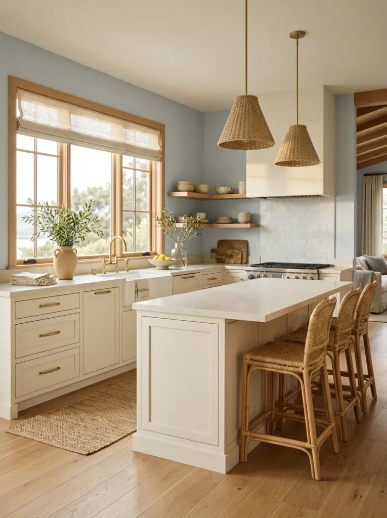 Kitchen with deep ocean blue cabinets, natural rattan pendant lights, white marble island, sea glass accessories.