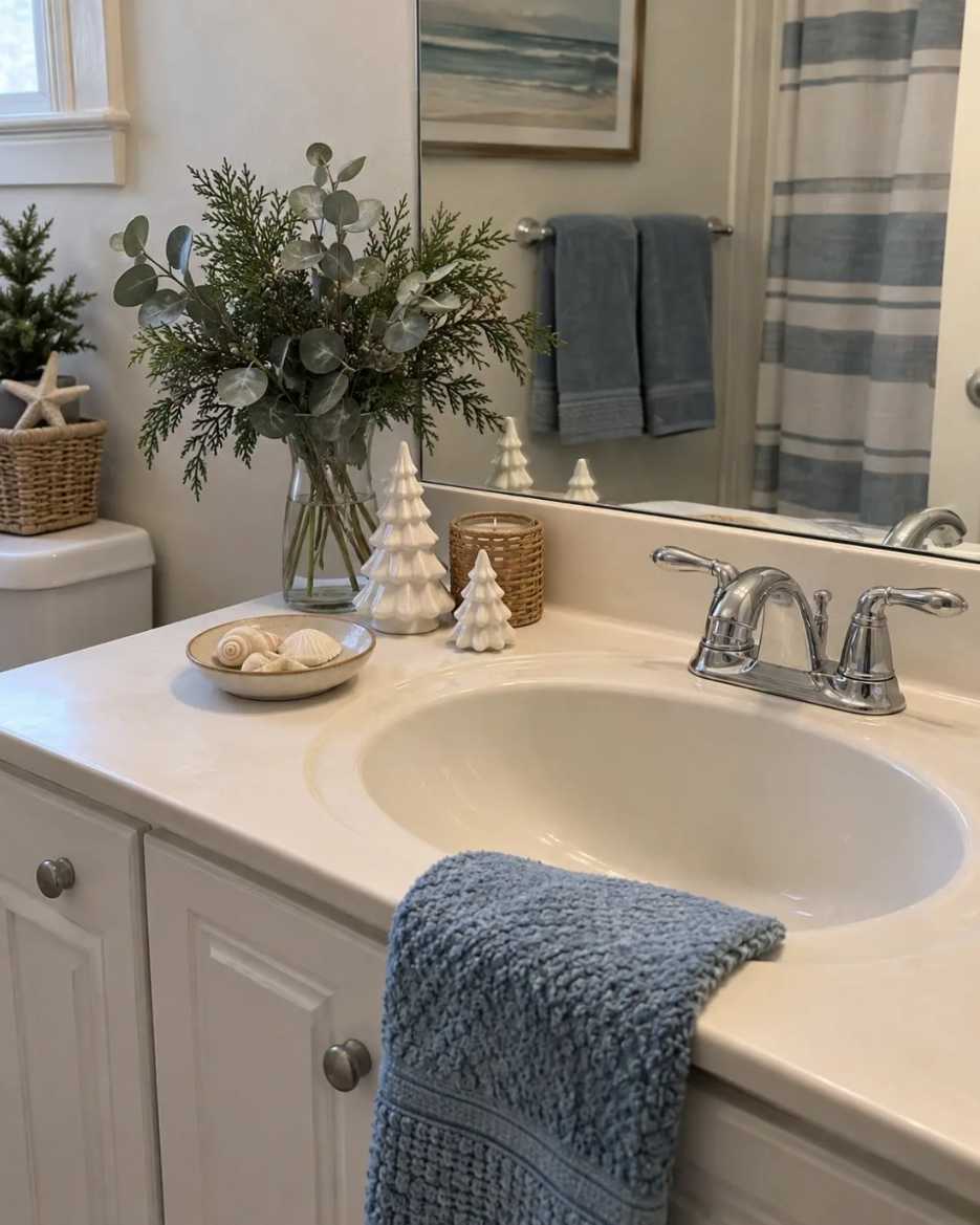 Blue and white bathroom, seashells, natural light, coastal holiday style