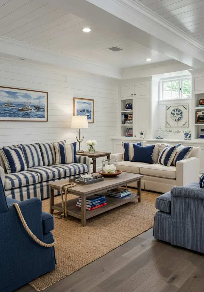 Coastal basement living room with blue striped sofas and nautical accents