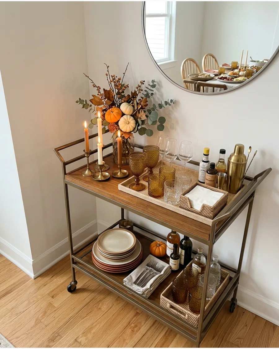 Cocktail bar cart with amber goblets and a shaker on a wooden floor