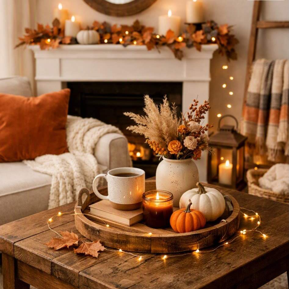 living room with coffee table tray, mug, candle, pumpkins, natural wood, soft warm lighting