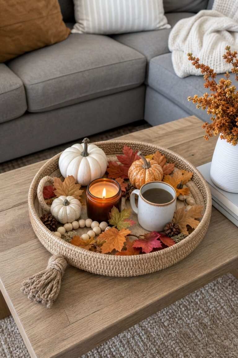 Woven rattan tray holding pumpkins and books on glass coffee table clean look