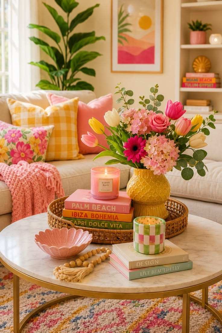 Coffee table with floral patterned tray, vase of fresh flowers, and stacked books.