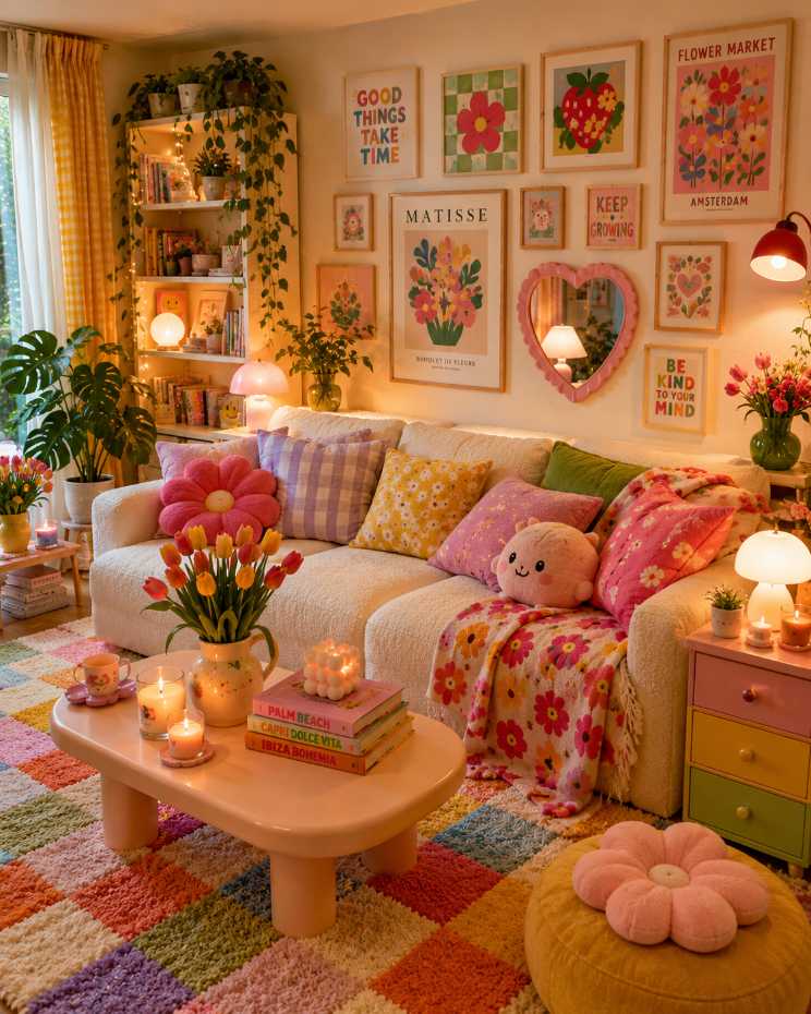 Sofa with floral cushions and a large floral area rug in pastel tones.
